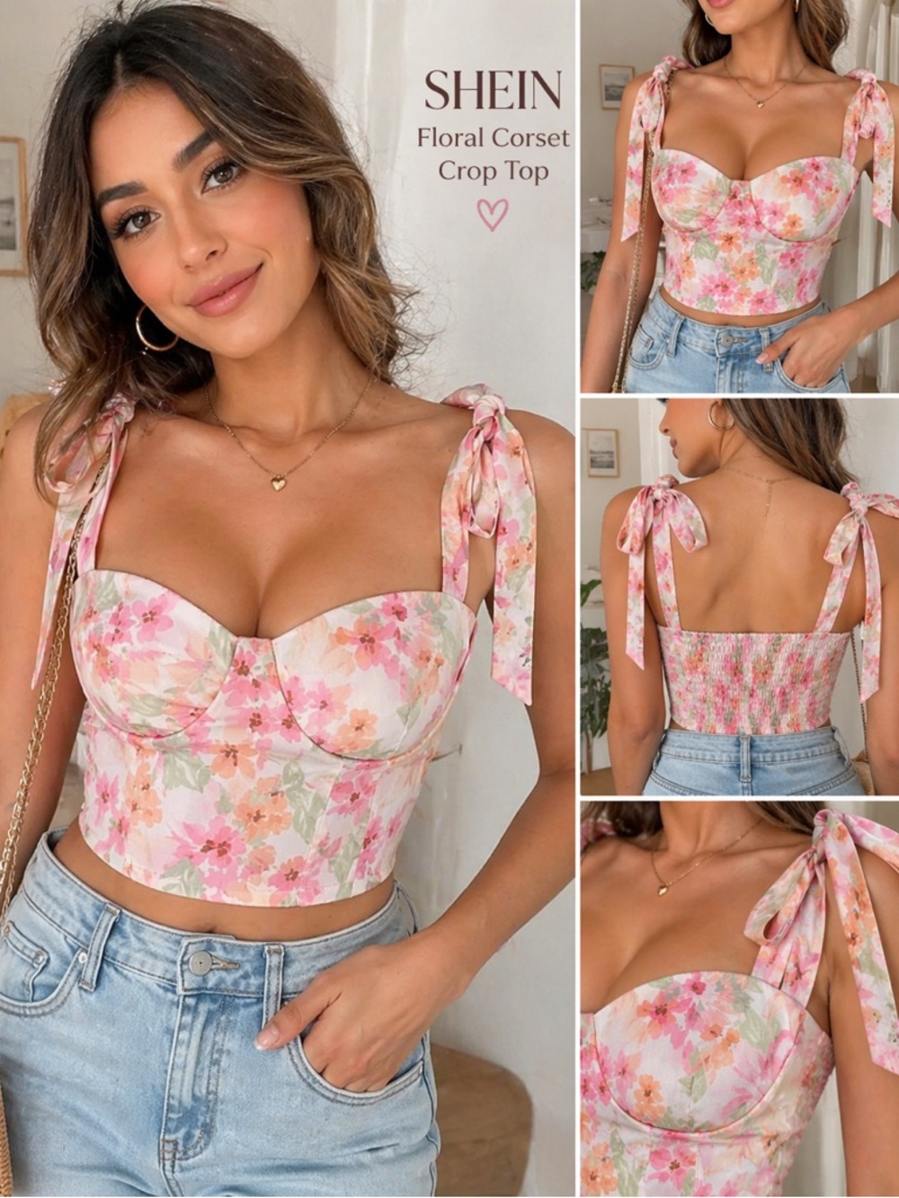SHEIN Floral Corset Crop Top XS Pink Tie Strap‎ Bustier Cottagecore Boho